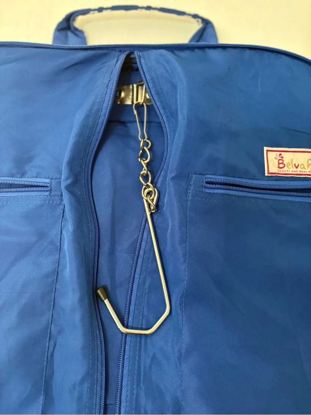 Belvah Quilted Folding Garment Bag Royal Blue White Cane Lattice Travel EUC